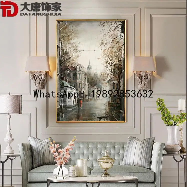 GH Nordic Living Room Hand-Painted Decorative Painting City Architectural Landscape Oil Painting Handmade Entryway Wall