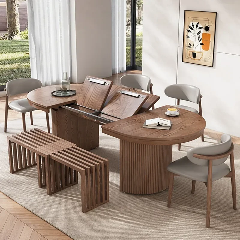 Medieval Style Solid Wood Retractable Rectangular Dining Table Oval Pull Out Folding Deformation Table for Small Apartment