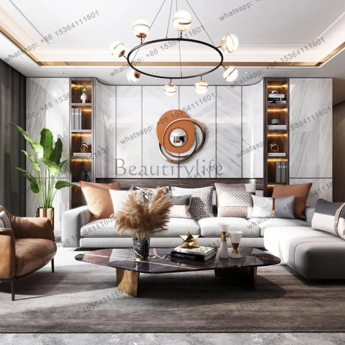 Modern light luxury round abstract orange metal wall decoration wall decoration pendant