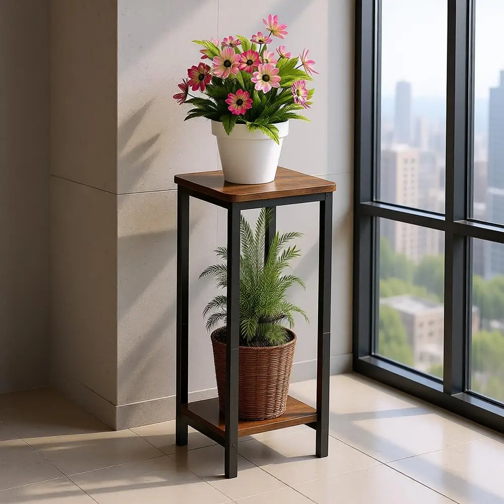 

Indoor 2-Tier Wooden Corner Plant Stand, Modern Square Shelf for Living Room, Patio, Balcony, Garden - Rustic Brown