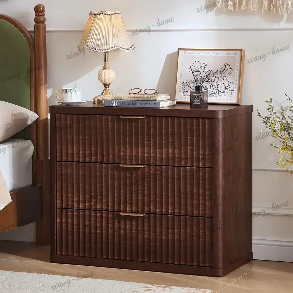 ls31 Wide Fluted Night Stand Set of 2, Oversized Extra Large 3 Drawers Nightstand, Walnut Wood Bedside Table,Tall End Tables,Mod