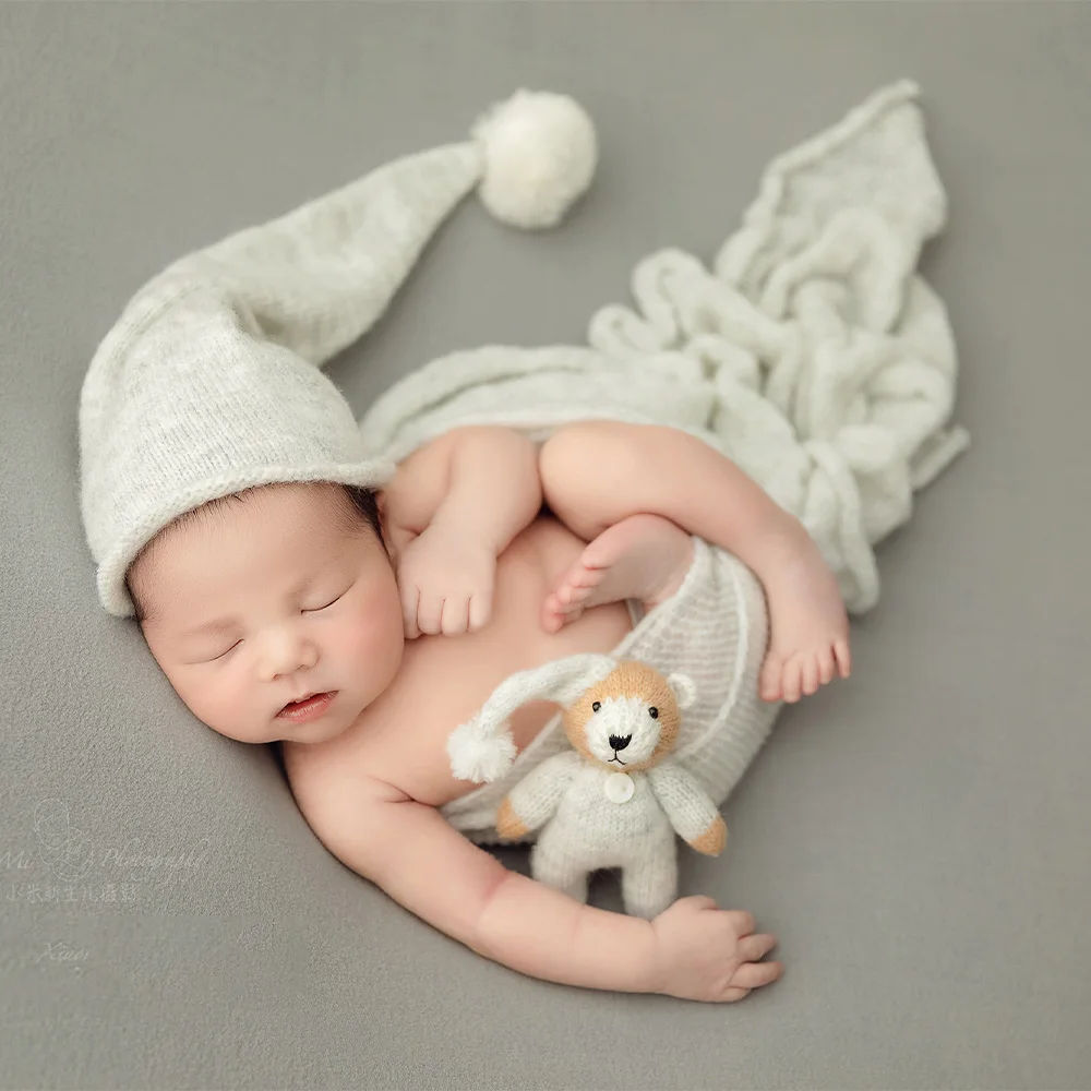 Newborn Wrap Photography Props Stretchable Woolen Wrapping|Knitted Goodnight Hat+Doll Set Studio Simple Photo Shoot Theme Props