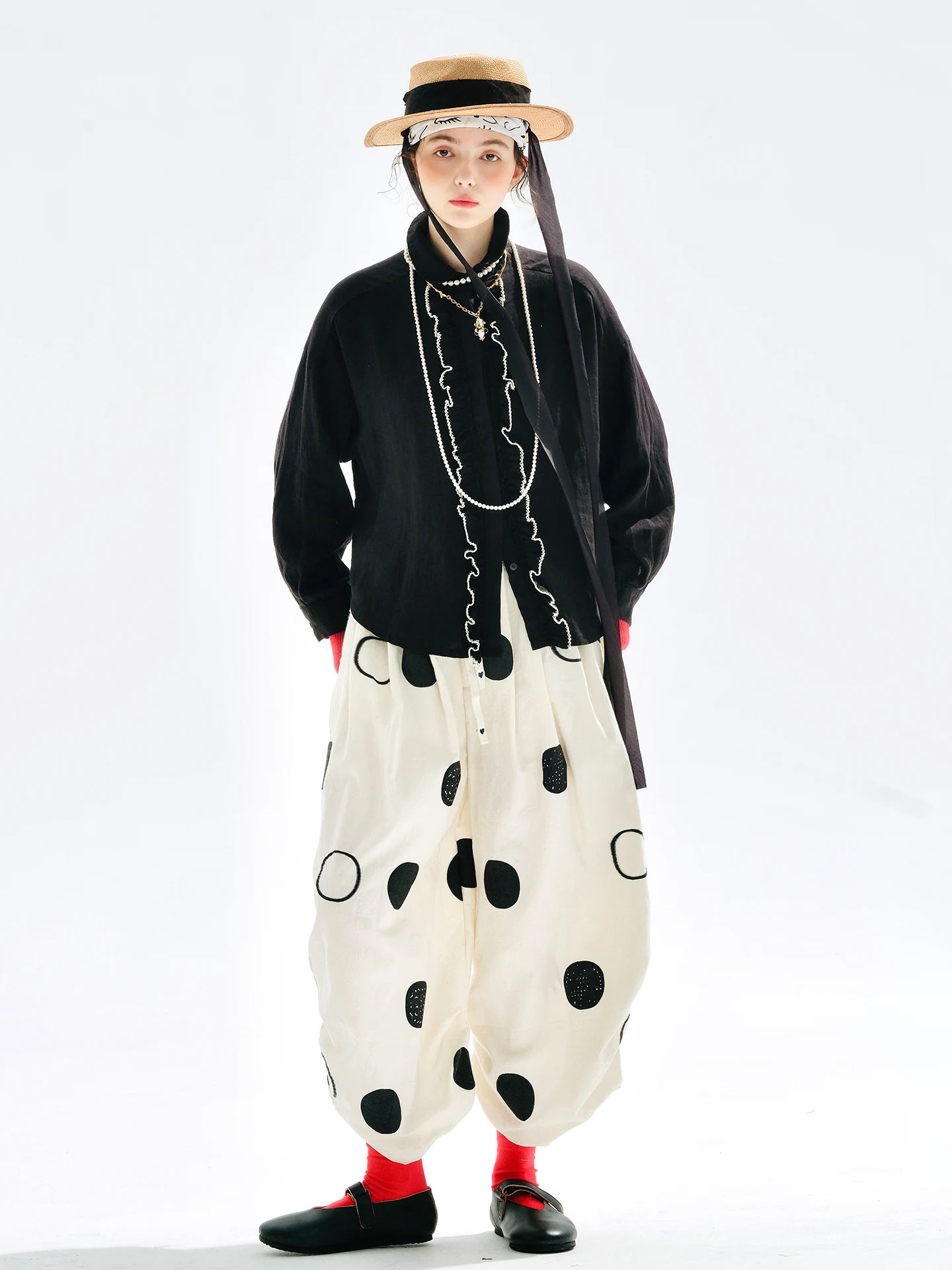 Imakokoni 2025 début automne bord fleuri haut noir décontracté à manches longues femme 255175