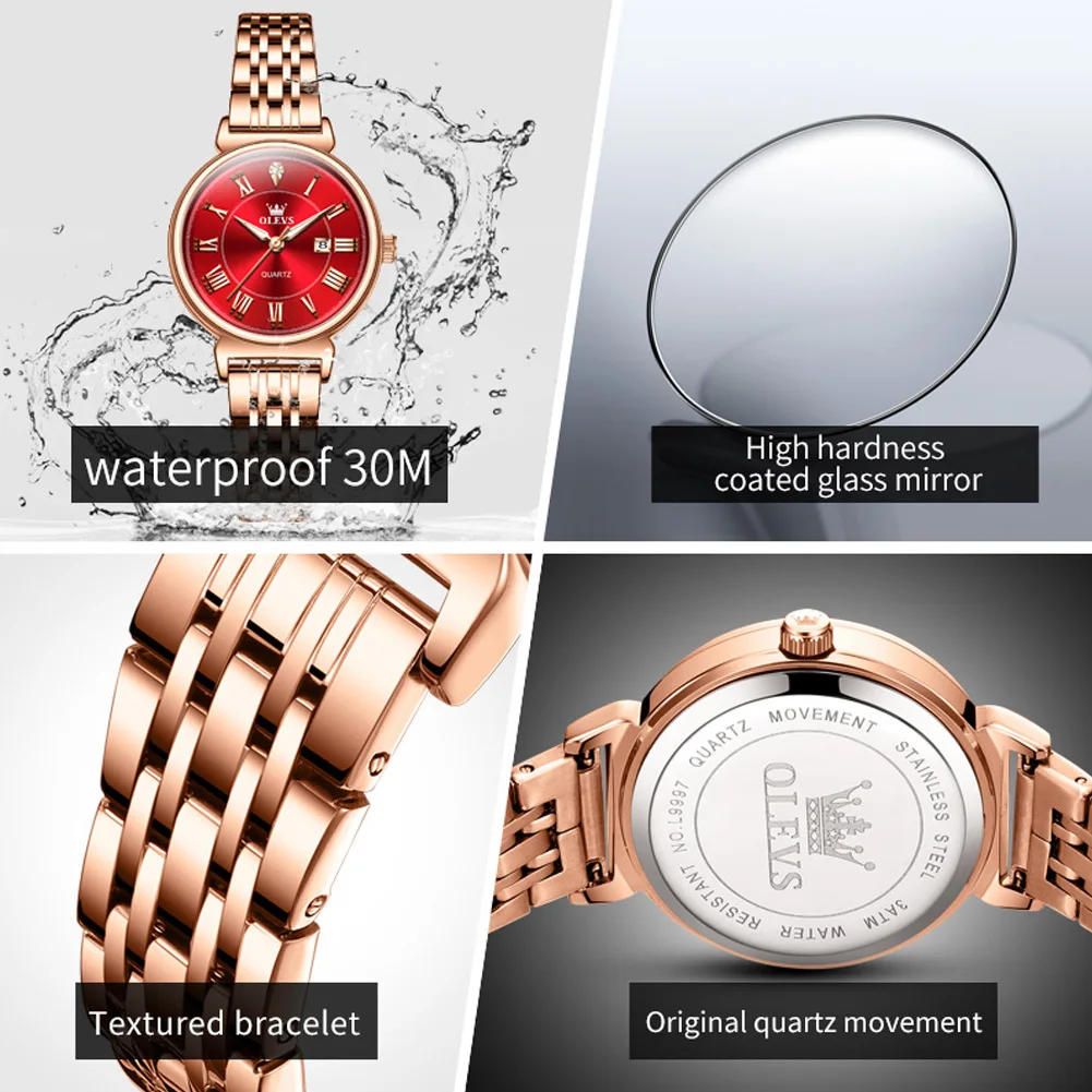 OLEVS-Montre à Quartz de Luxe pour Femme, en Acier Inoxydable, de Couleur Or Rose, Étanche, avec Date, Rouge, à la Mode, 2024