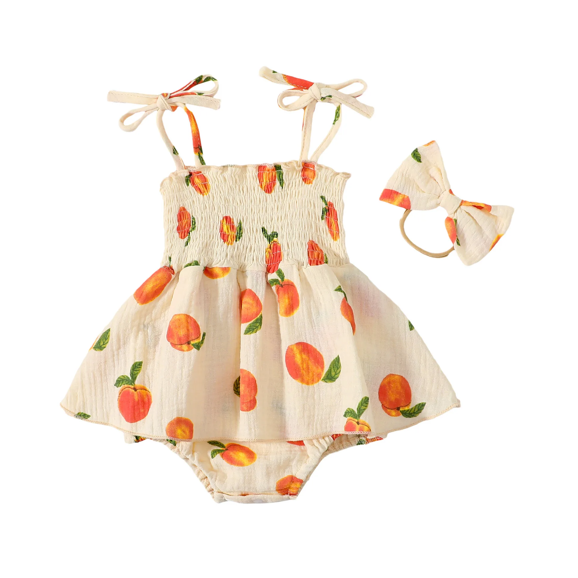 Baby Girl Sweet Peach Print Camisole Triangle Dress with Bow Headpiece Soft and Comfortable