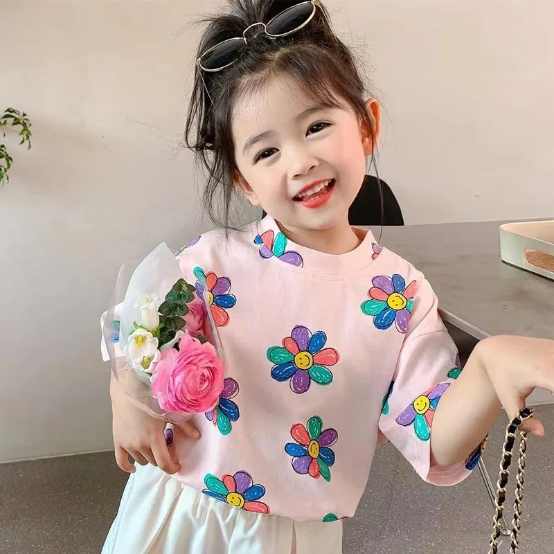 1pcs Summer Kids Flower Print Tops Clothes Girls Korean Style Shirt Children Short Sleeve T-shirts Child Casual Comfort T Shirs