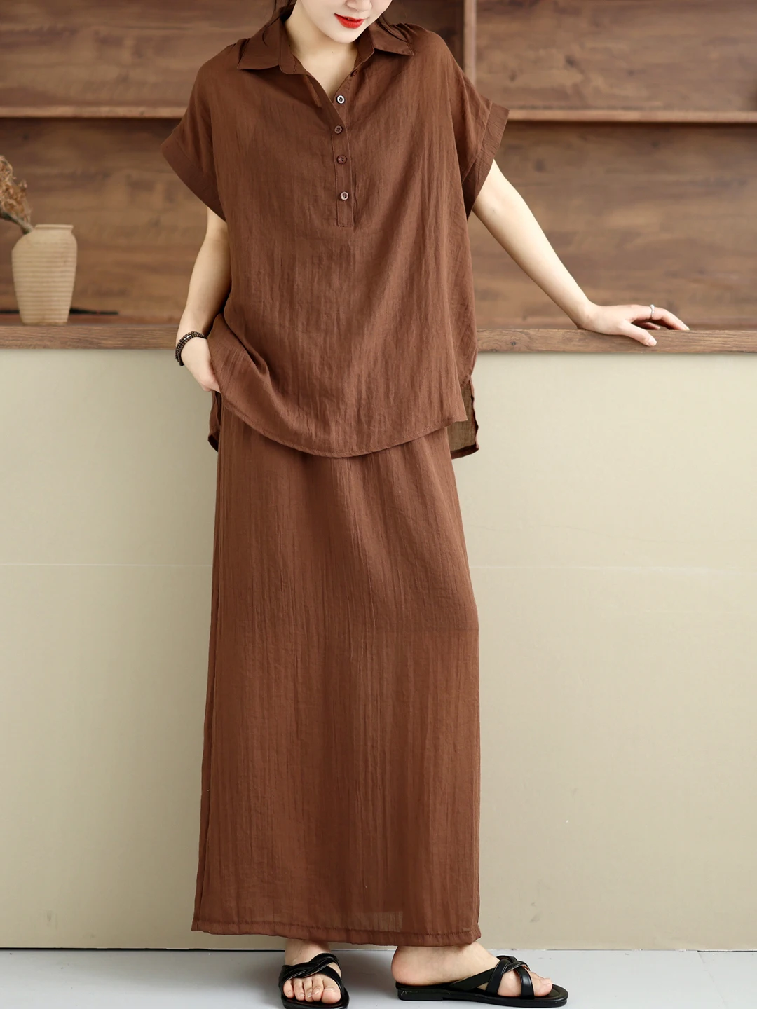 

Elegant Cotton Linen Feel Short Sleeve Shirt Straight Long Skirt Women Summer Drapey Versatile Commute Slimming Set High Waist
