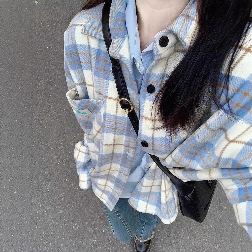 

New Women's Loose Long-sleeved Blue Plaid Shirt, Coat and Top