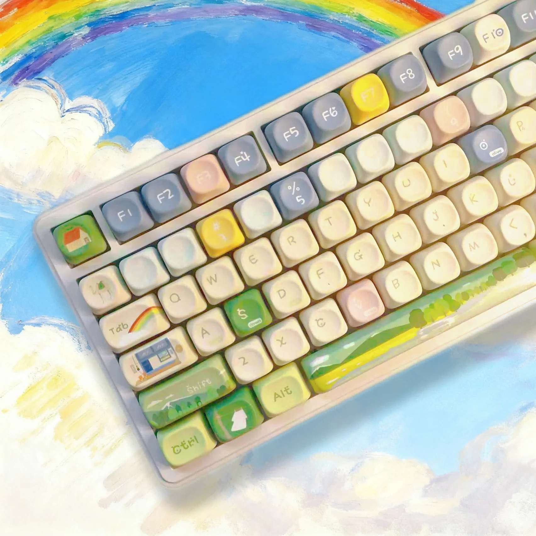 

Thick PBT Keycaps 130 Keys Cute Rainbow Forest Design Dye Sublimation Printing MOA Profile for Cherry MX Switches Keyboard