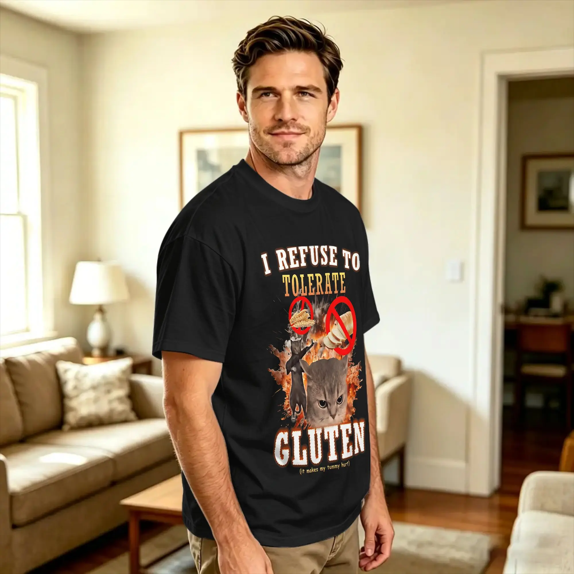 Men I Refuse to Tolerate Gluten Funny Cat Meme T Shirt  Pure Cotton Tops Novelty Short Sleeve Crewneck Tees 6XL T-Shirt