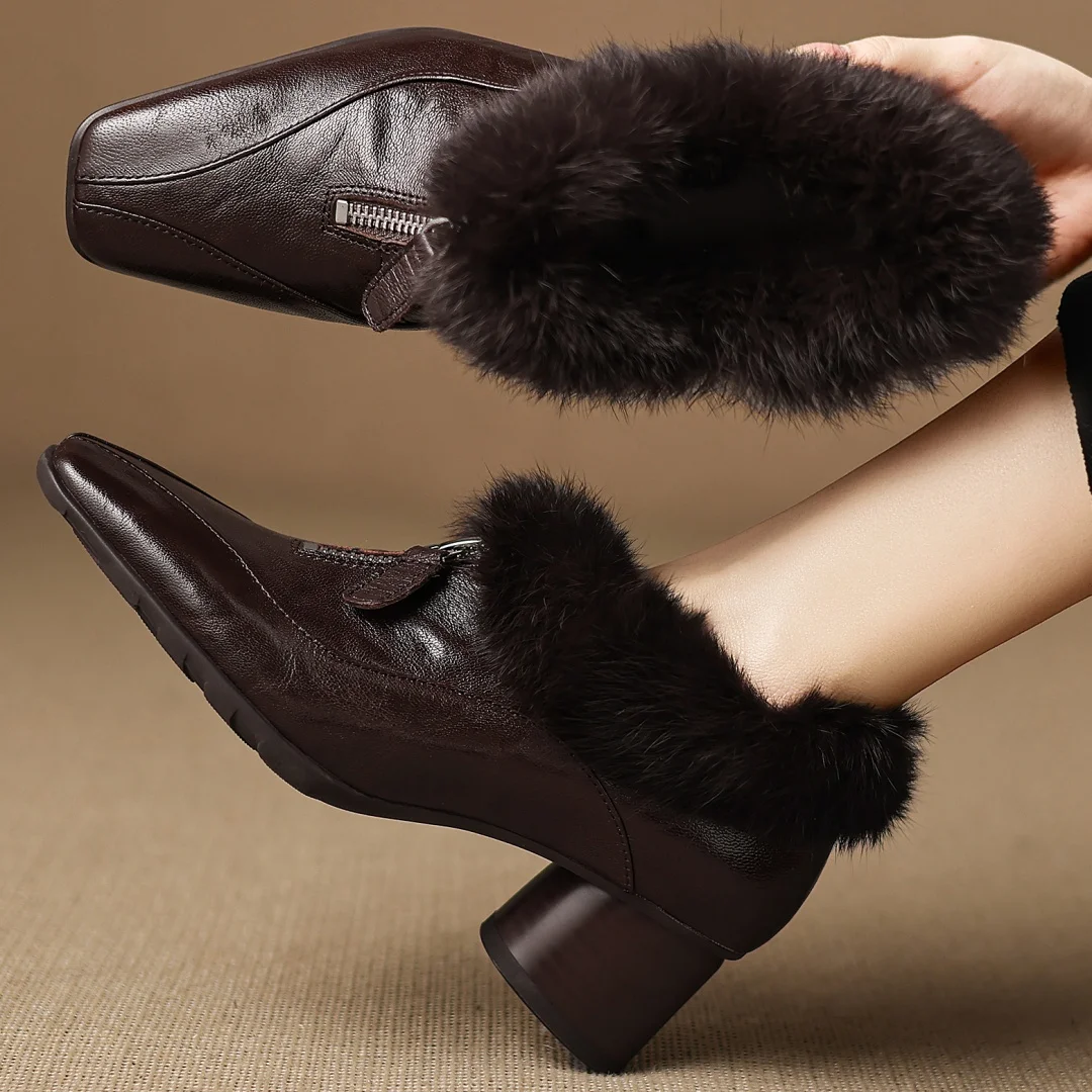 

Women's sheepskin rabbit fur patchwork patchwork square toe front zip short plush inside winter warm pumps 5cm med heel shoes 40