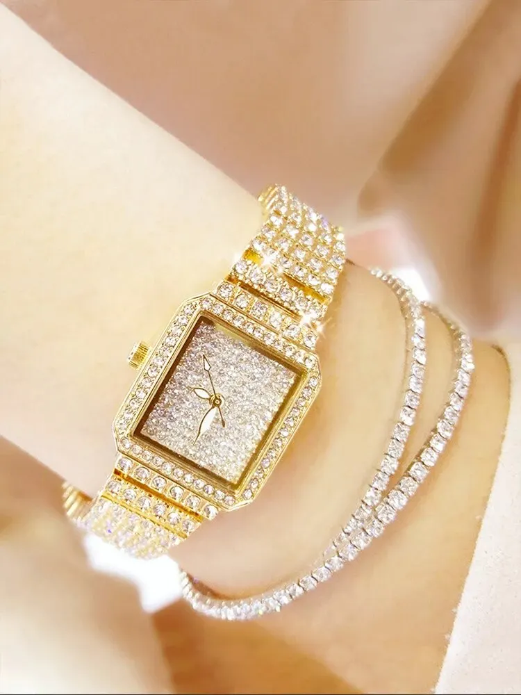 3pcs Fashionable and Luxurious Full Diamond Rectangular WOMEN\'S Steel Band Quartz Wristwatch with Diamond Inlaid Hand Set