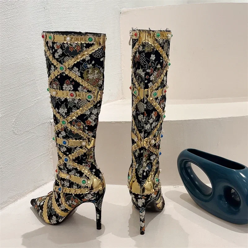 

Aneikeh/модные женские длинные ботильоны на шпильке с драгоценными камнями и кристаллами, пикантные женские сапоги до колена с острым носком, стриптизерши Botas Mujer
