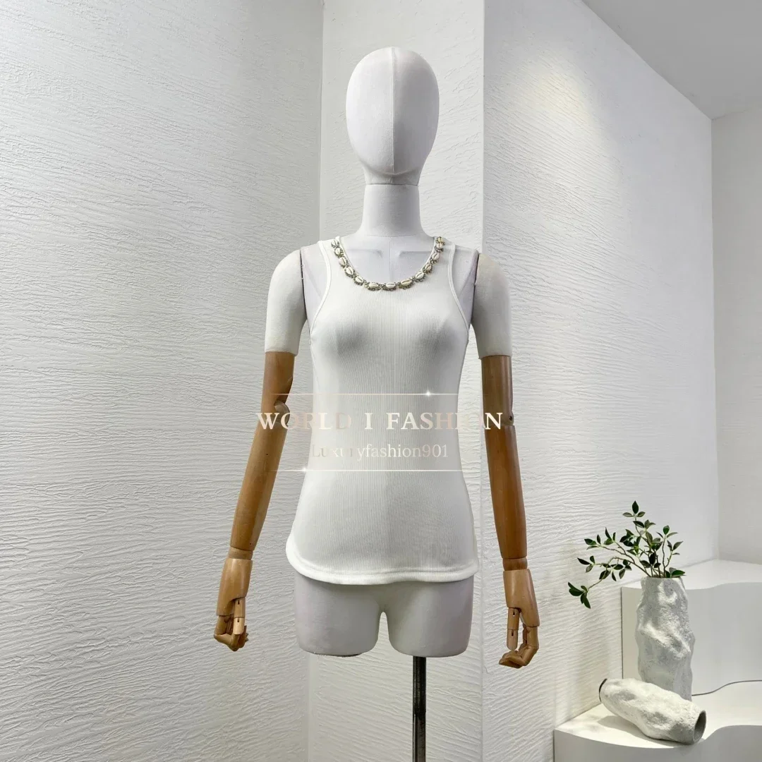 

2025 Spring New Women's Pure Linen White/Black Sleeveless Diamonds U Neck Vest Tops