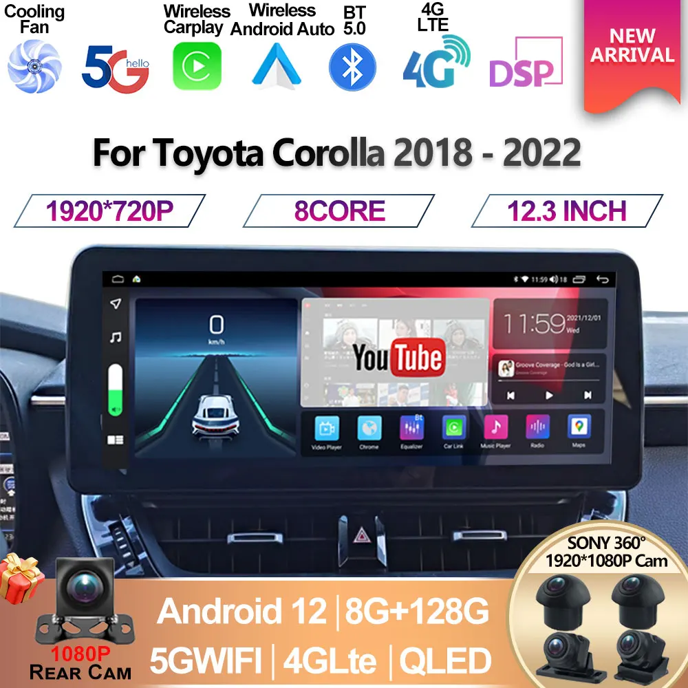 

For Toyota Corolla 2018 2021 2022 12.3inch Car Multimedia Video Player GPS Navigation Radio Android 13 8+128G Carplay DSP Sound