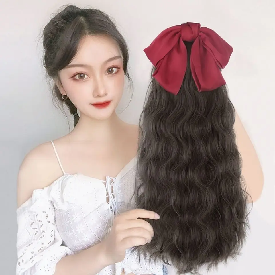 Drawstring Ponytail Extension With Bow For Women Fluffy Water Wave Crimped Synthetic Hair Multi Colors Length Options Daily Wear