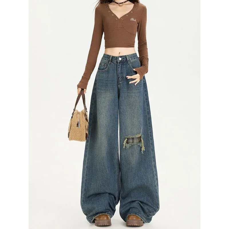 Women High Waist Fake Hole Wide Leg Jeans Detachable Skirt Decor Loose Straight Casual Denim Trousers
