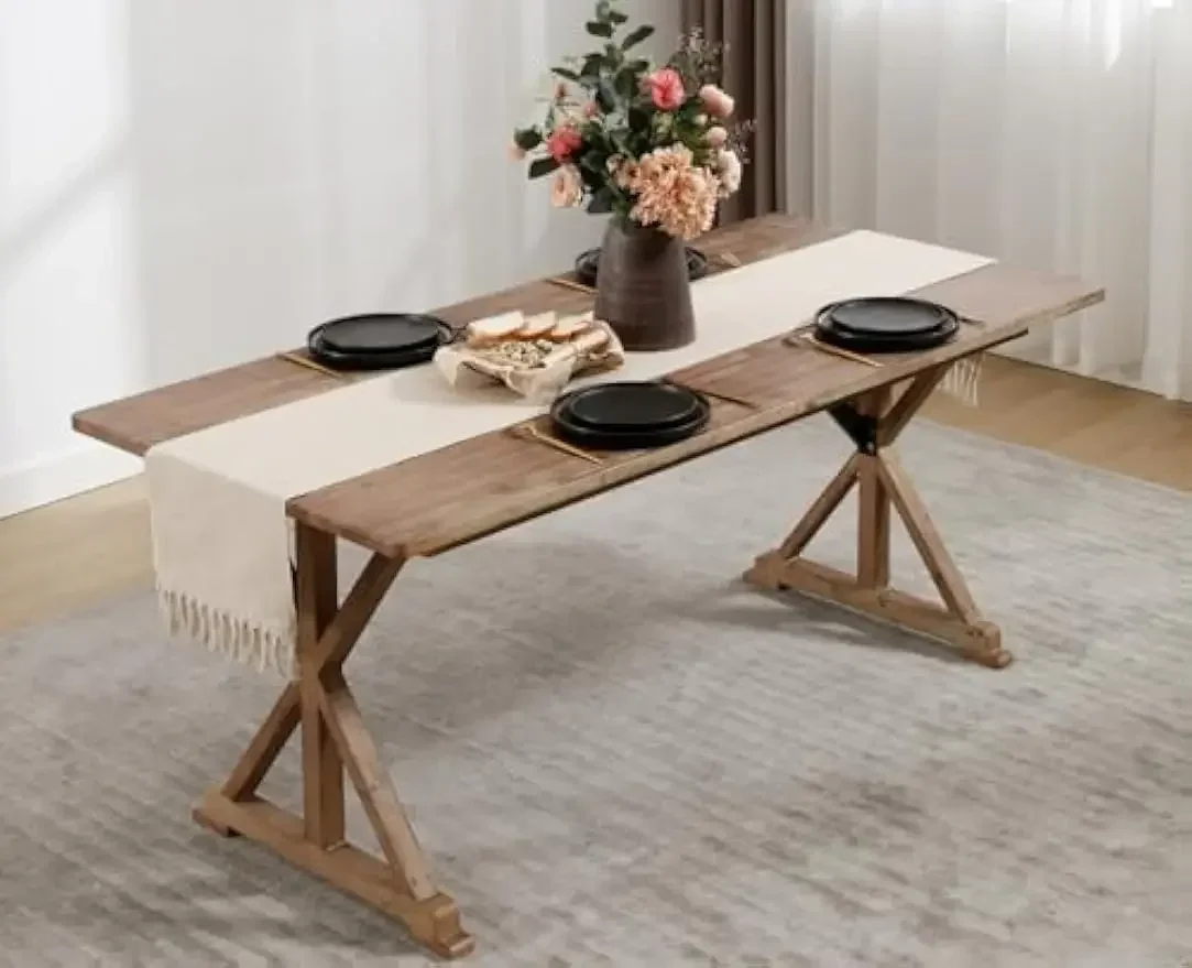 

69" Vintage Wood Dining Table for 4 to 8, Antique Rustic Solid Pine Farm Dining Room Table with Heavy Duty Legs&Metal Support