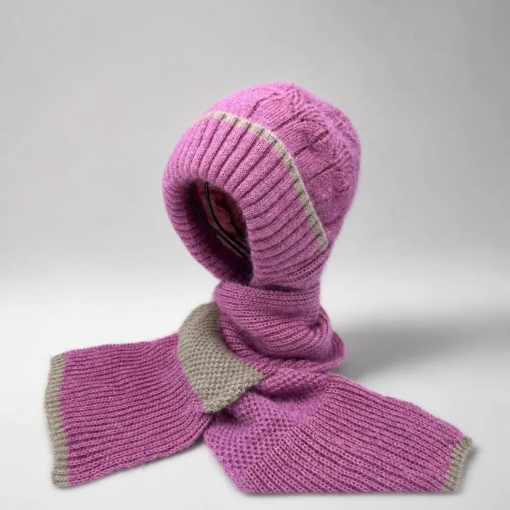 Patchwork Design Knitted Hat Scarf Set Windproof Fleece Lined Balaclava Neck Warmer Thick Knit All In One Hooded Scarf Hat