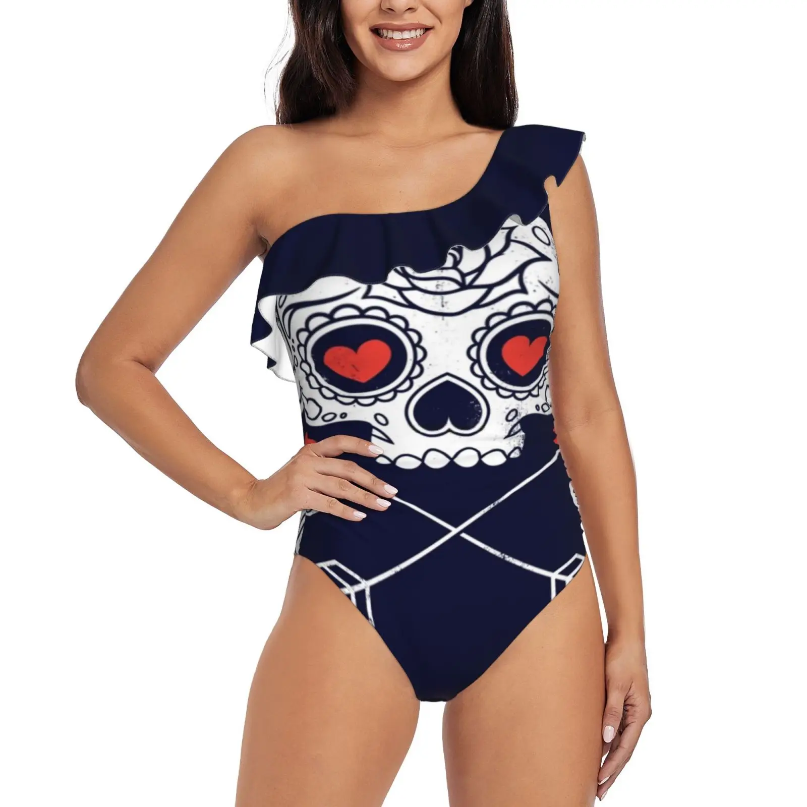 Cupido One Piece Swimwear One Shoulder Ruffle Swimsuit Women Backless Bathing Suit Love Cupid Valentine Skulls Arrows Dead