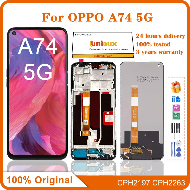 LCD Display Replacement for Oppo A74 5G, Touch Screen Digitizer, Original Display with Frame, CPH2197, CPH2263, 6.5\