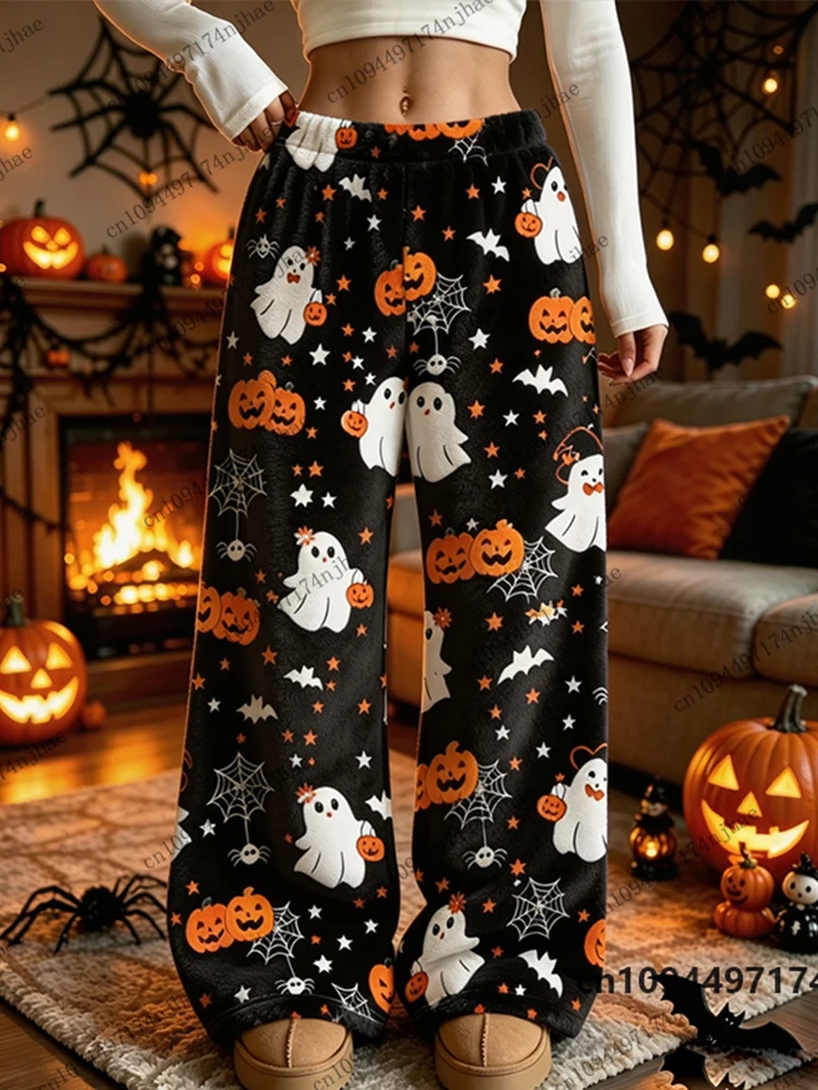 Halloween Ghost Pumpkin Bat Print Pajama Trousers For Women Autumn Winter Casual Flannel Pajama Pants Oversized Couple Long Pant