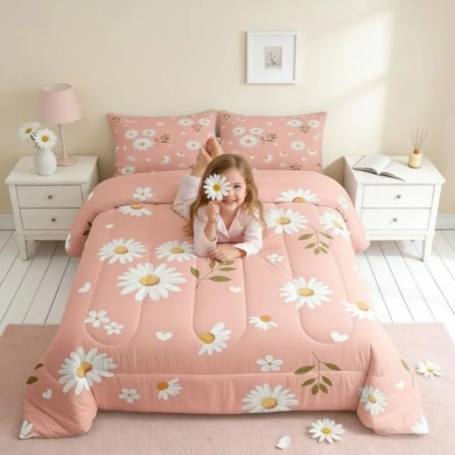 

Daisy Flowers Comforter for Girls Petals and Leaves Comforter Set Size Home Decor Soft Bedding Set Daisy Teens Bedroom Down Duv