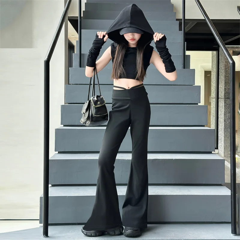 hip hop girls pants children flared pants jazz dance black trousers high waist wide leg capris kids clothes 6 to 16 yrs