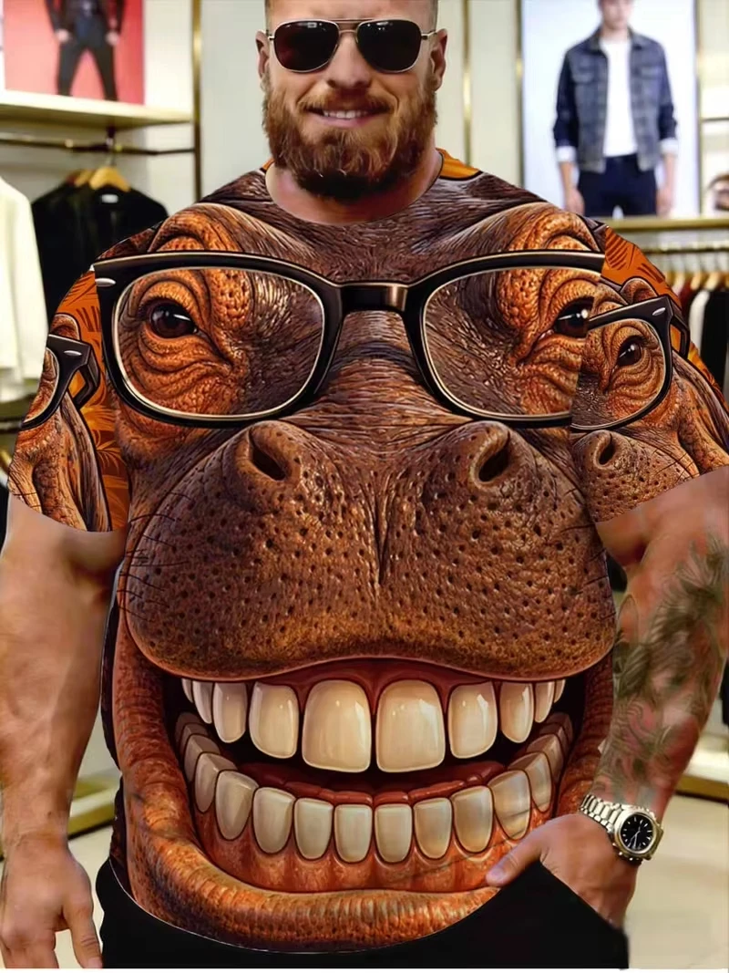 Funny 3D Animal Face Print T‑Shirt Hippo Monkey Orangutan Graphic Short Sleeve Tee Novelty Humor Casual Unisex Streetwear Tops