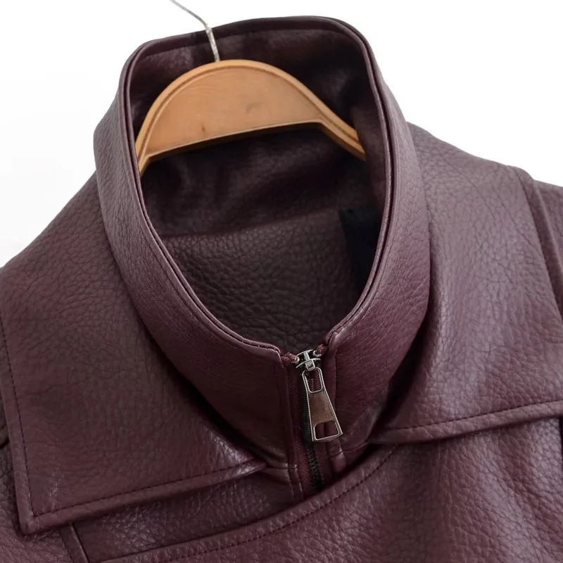 EAEOVNI High Street Leather Jacket Women Fashion Lapel Patchwork Zipper Design Gathered Waist Coat Streetwear New Clothing