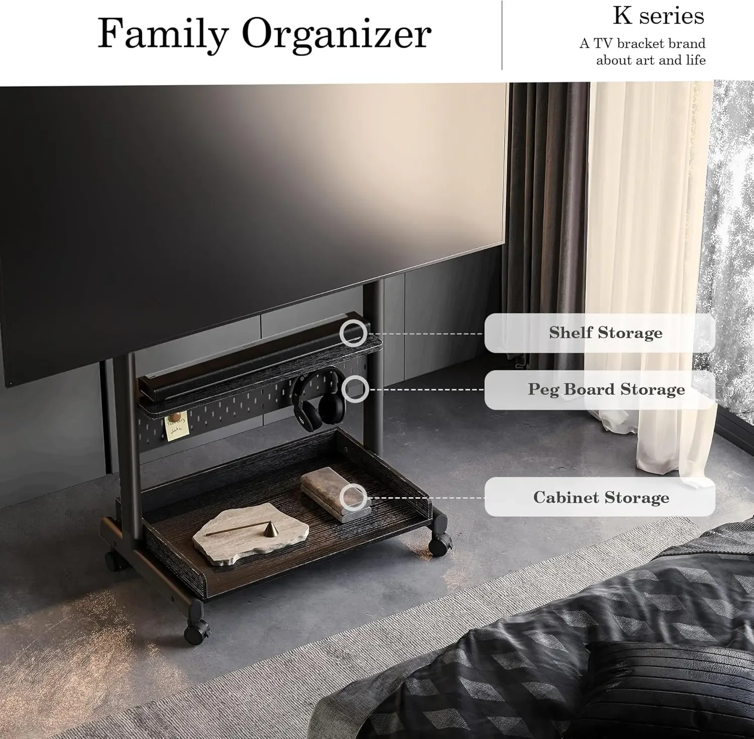 Rolling TV Stand - Portable Floor TV Stand Mount on Wheels for 40-85 Inch TV, Mobile TV Stand Cart with Wooden Shelf for Living