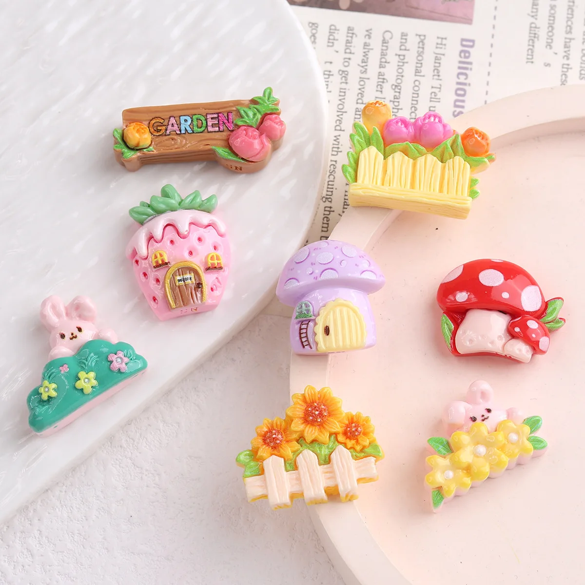 

100pcs Kawaii Resin Rabbit House Mushroom DIY for Phone Case Hairpin Keychain Earrings Scrapbook Miniature Craft Wholesale
