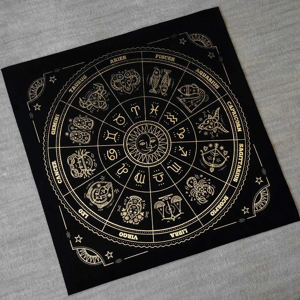 12 Sun Signs Wheel Tarot Altar Cloth with Zodiac Signs Calendar Tarot Deck for Reading Black Velvet Fabric Desk Mat Astrology
