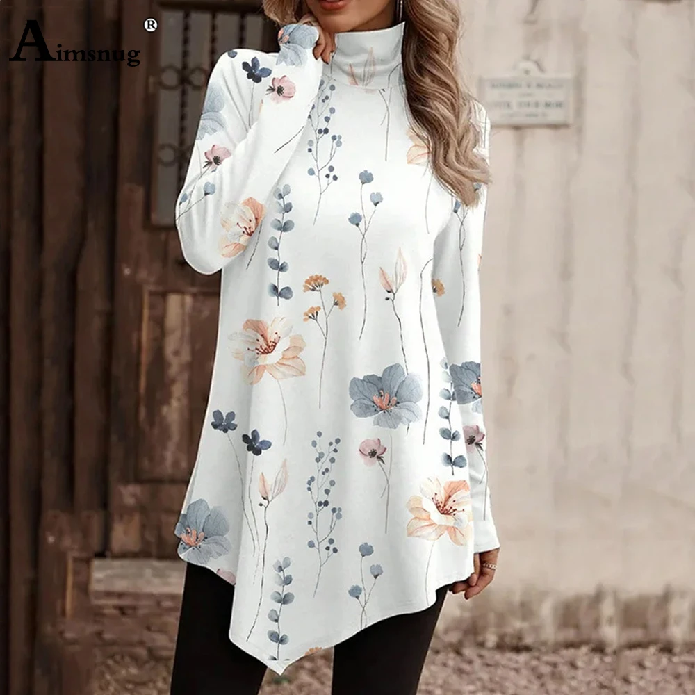 

Plus size 3xl Women Elegant Irregular Tops Boho Flower Print Shirts 2023 Spring Autumn Female Turtleneck T-shirt Womens Clothing