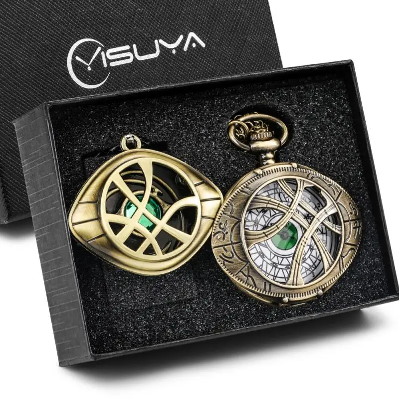 

MARVEL Doctor Strange Antique Retro Eye Shaped Hollow Skeleton Pocket Watch Handmade Braided Rope Necklace Pendant Chain Kit Set