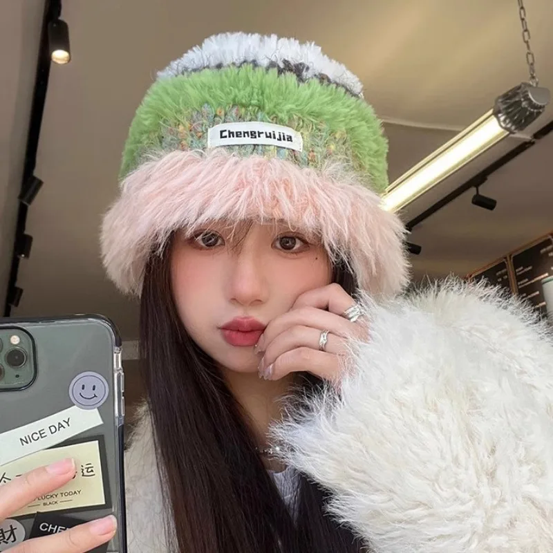 Women Bright Striped Beanie Furry Bucket Hats Winter Warm Fluffy Plush Panama Caps Soft Warm Faux Fur Fisherman Hat Women Gorras