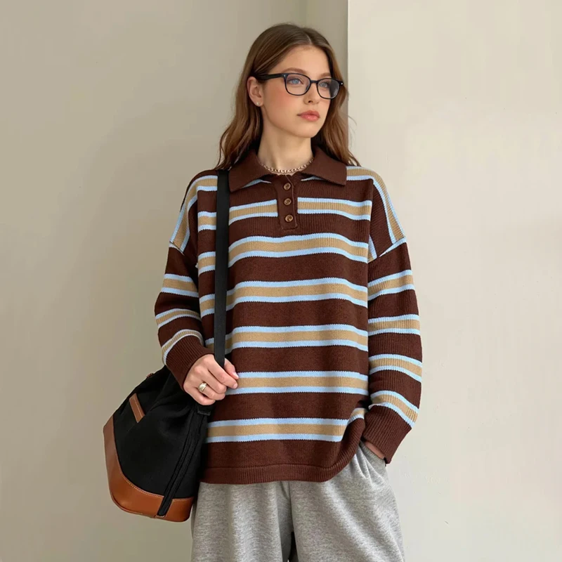 

Женский винтажный свободный вязаный джемпер-поло в полоску