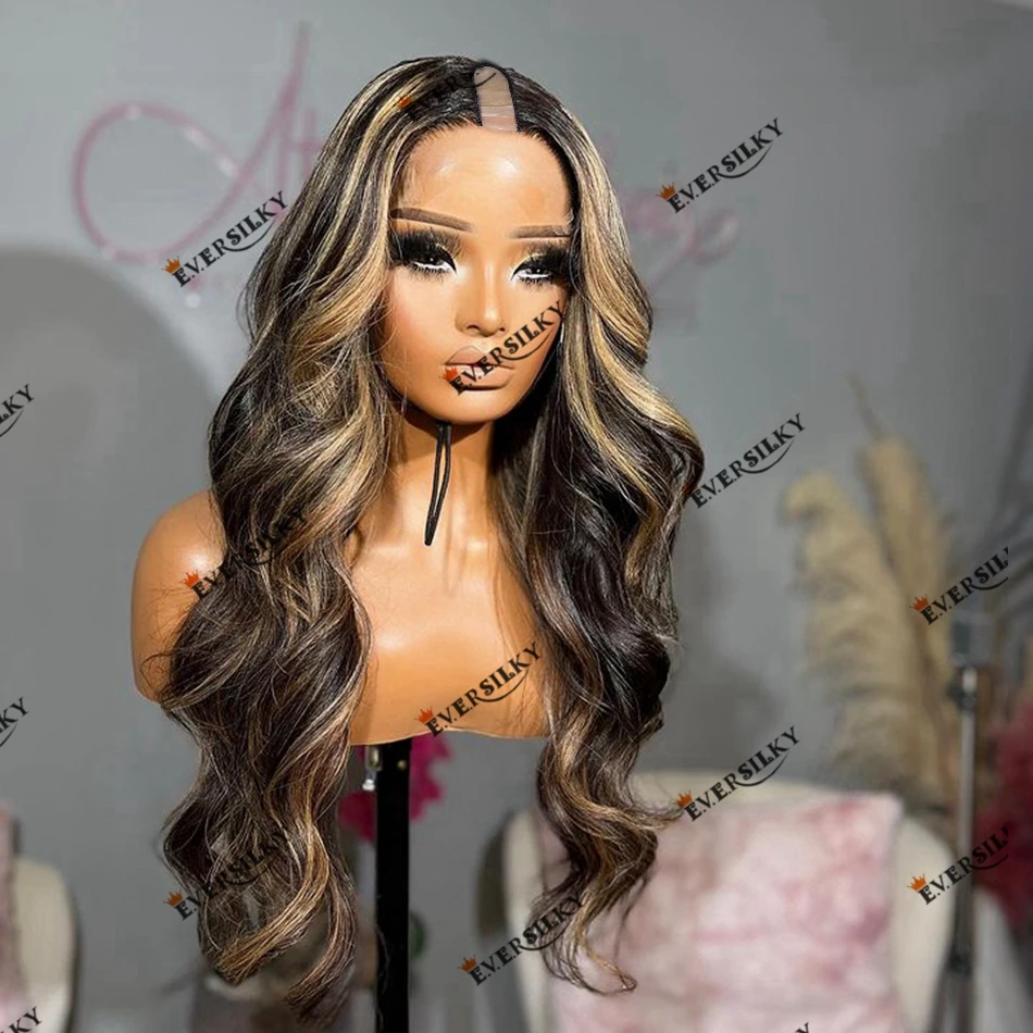 Full Machine Made U Part Human Hair Wig Highlight Blonde Body Wave Women Wig 180 Density Remy Brazilian V Part Wig Easy Wear