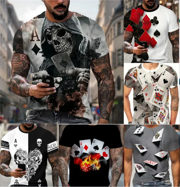 Newest Skull Poker Cards Pattern T-shirt For Men 3D Printed Hip Hop Short Sleeve T shirt Fashion Male Female Personality Tee Top