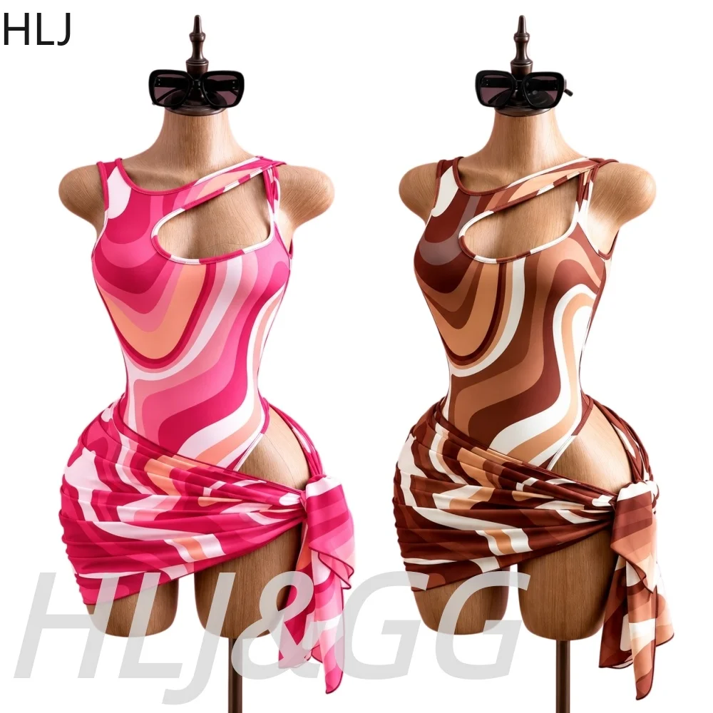 HLJ Classic Women's Beach Print Two Piece System With Bikini Sets Sexy Print Bodysuits And Mini Skirts Outfit Beachwear Swimwear