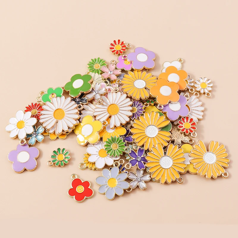 10pcs 9 Styles Mix Color Metal Drop Oil Colorful Flower Charms Plant Daisy Pendant for DIY Bracelet Necklace Jewelry Making