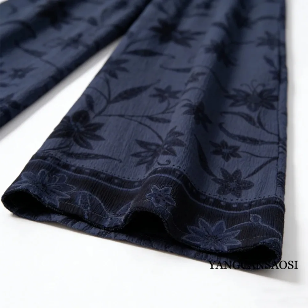 100% Mulberry Silk Trousers, Women's Bark Wrinkled Navy Blue Large Flower Pants, Elastic Waist Double Pockets, 2026 Spring New