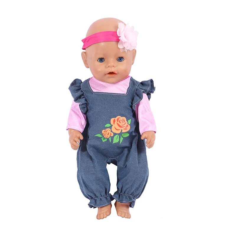 

The New Denim Overalls One-piece Clothes with Head Accessories Pink and Blue Stitching Printing Patterns Simple and Versatile
