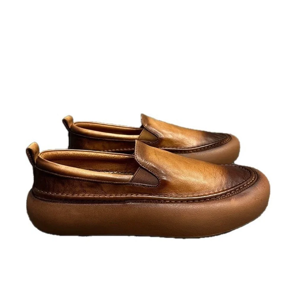 

QHCCID Vintage Cowhide leather comfort, breathable soft sole, and classic loafers style thick sole Slippers