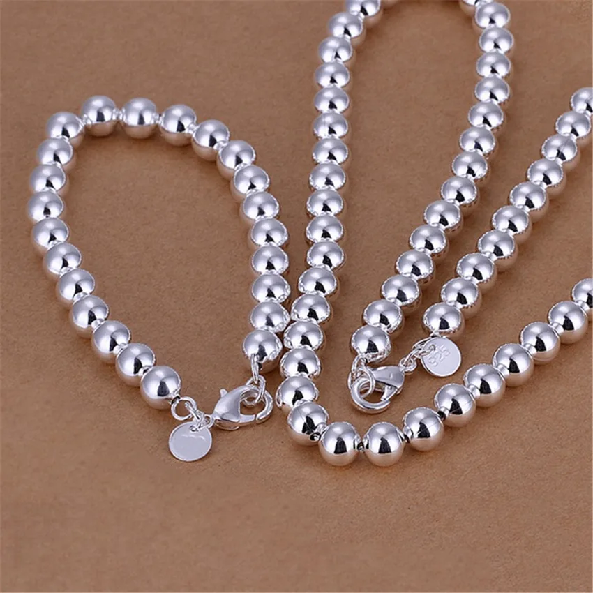 

Hot 925 Sterling Silver fine 10MM beads chain Bracelets necklace Jewelry set for Women Fashion wedding Party Christmas gifts