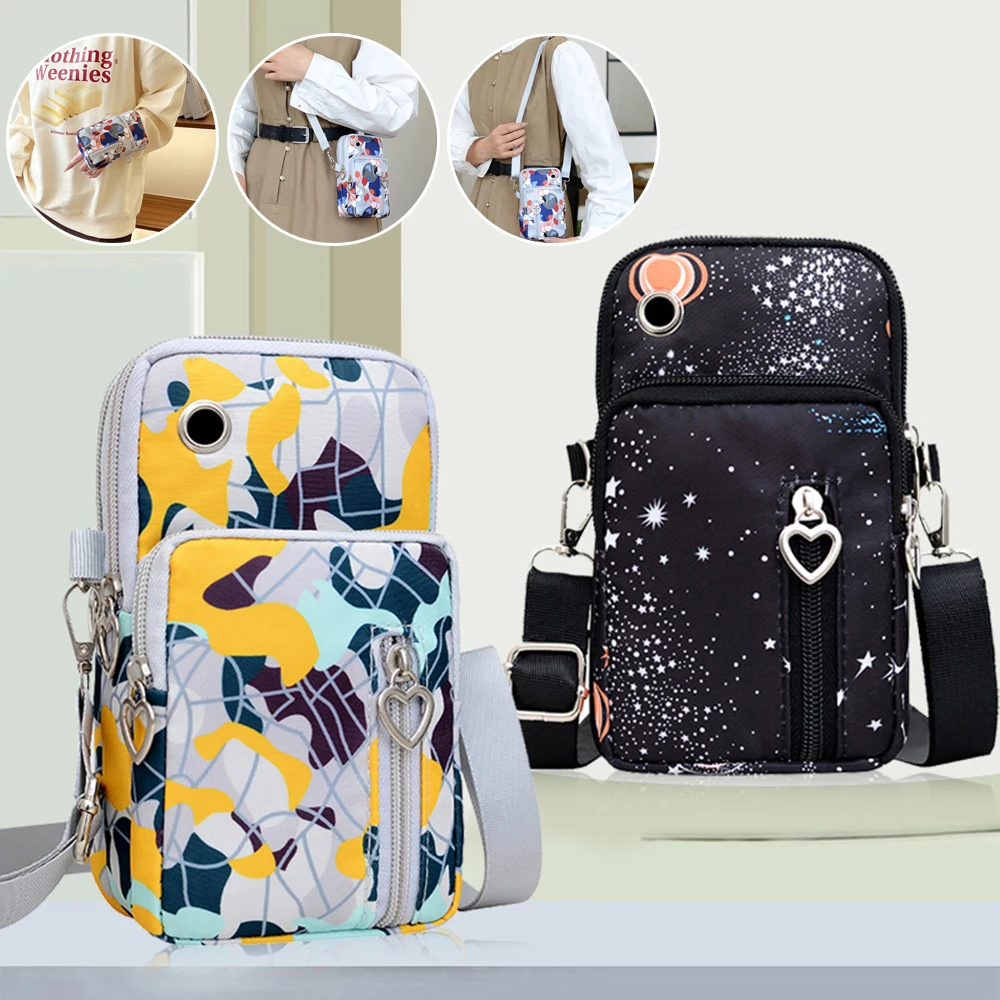 Fashion Printed Mobile Phone Bag Large Capacity Men Unisex One Shoulder Crossbody Bag Arm Bag Wallet Multi compartment Zipper