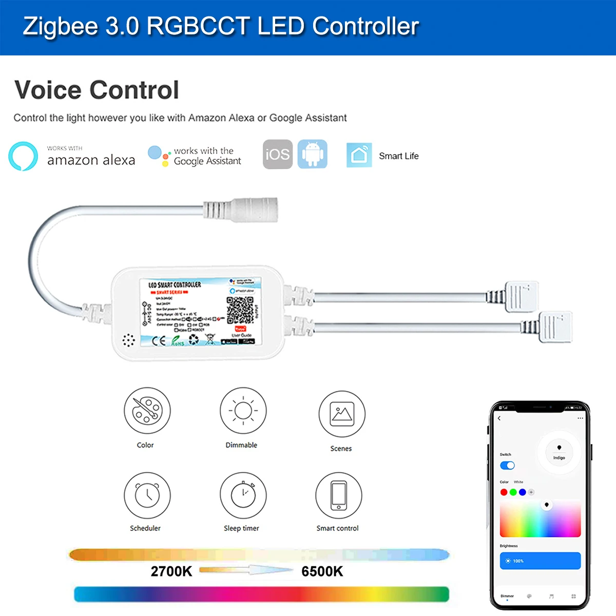 5M 10M Zigbee 3.0 Led Light Strip DC12V 24V 5050 3528 RGBCCT Flexible Tape Light Home Decor Tuya Zigbee APP fr Alexa Google Home