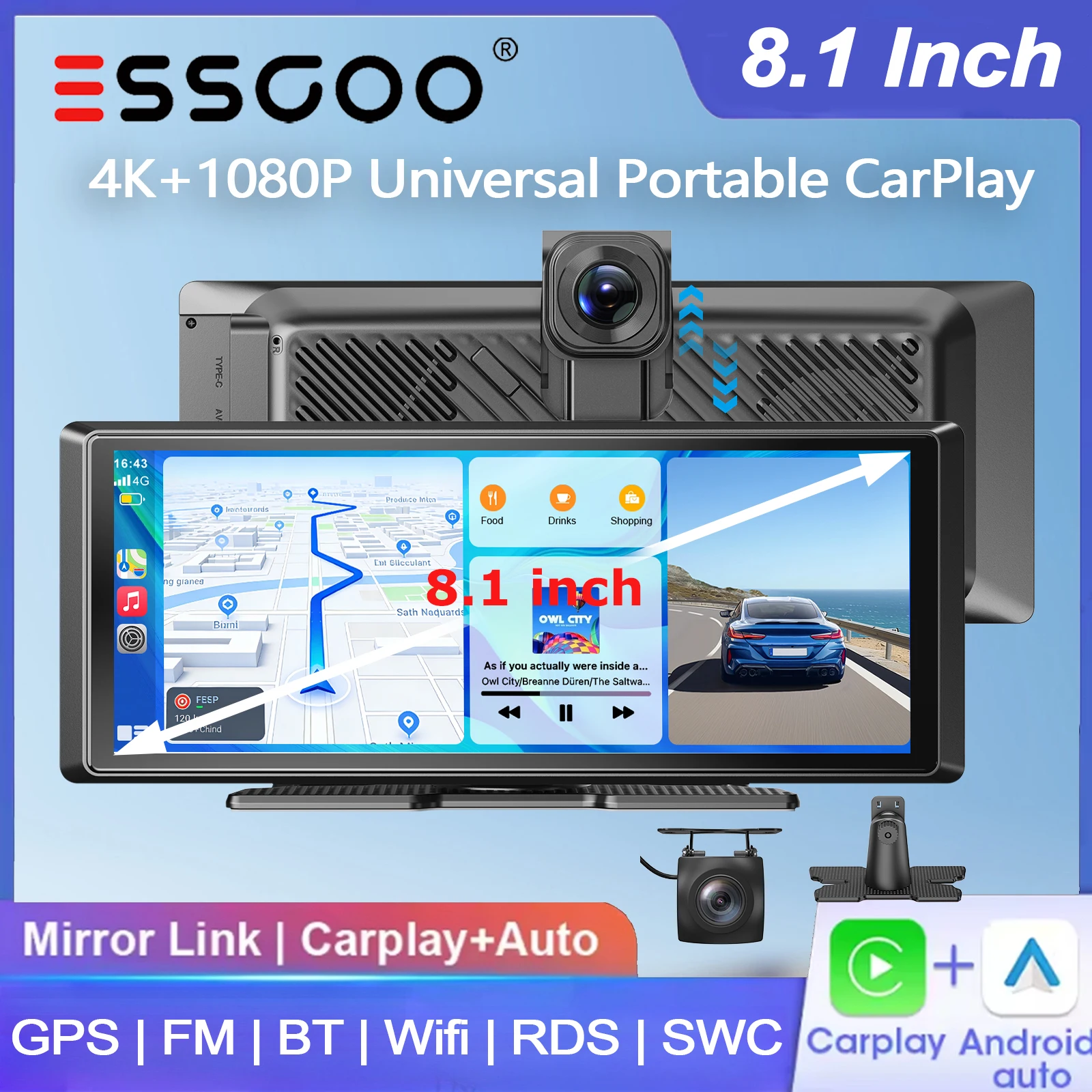 ESSGOO 8.1" 4K+1080P Autoradio Universale Portatile Wireless CarPlay BT Android Auto con Lettore di Schede, Doppia Lente, Dash Cam, Telecamera di Retromarcia, AUX, FM, BT, Wifi, Mirror Link, Schermo
