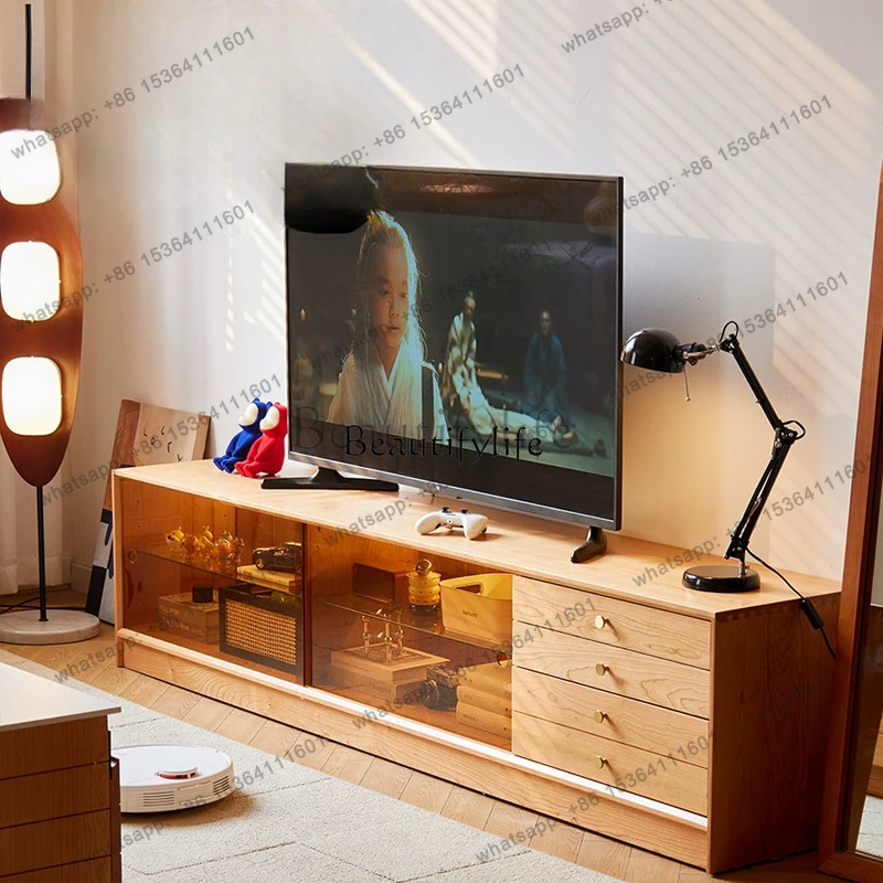 FGFGNordic cherry wood TV cabinet small apartment storage simple rock slab solid wood floor TV cabinet