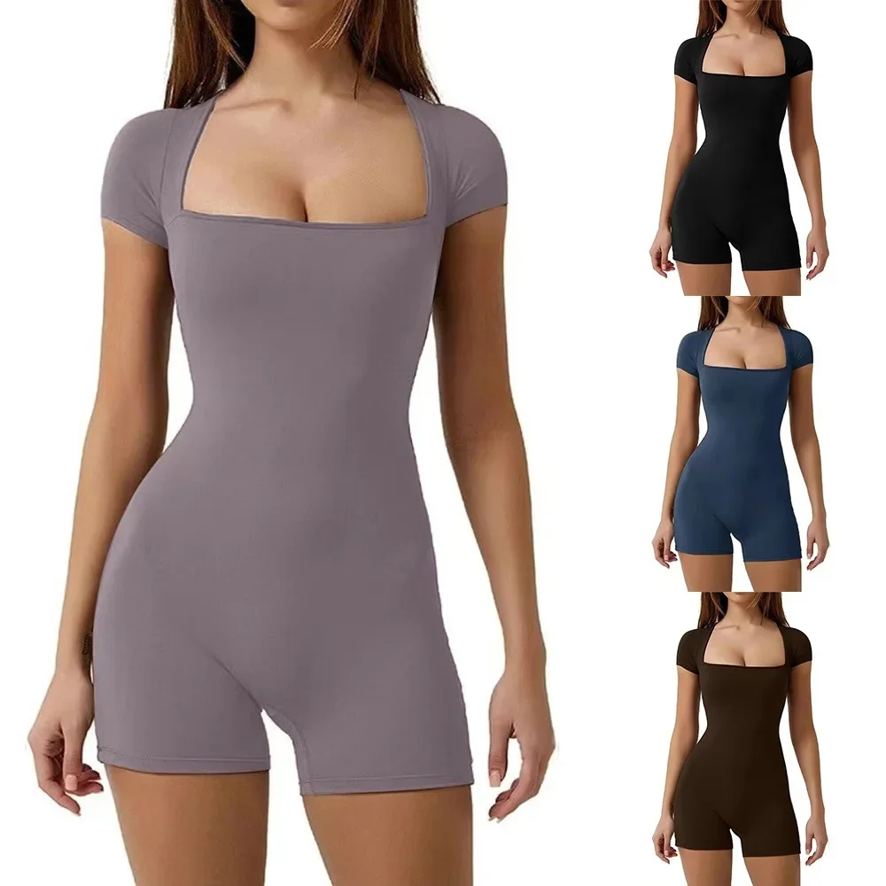 

Short Sleeve One Piece Yoga Suit Fashion One Piece Solid Color Yoga Bodysuit Stretchy Square Neck Gym Jumpsuit Women